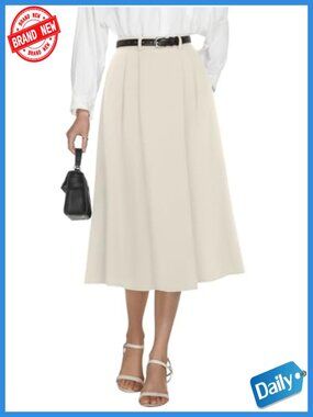 A-Line Midi Skirt with Pockets High Waisted Pleated Business Work Skirt